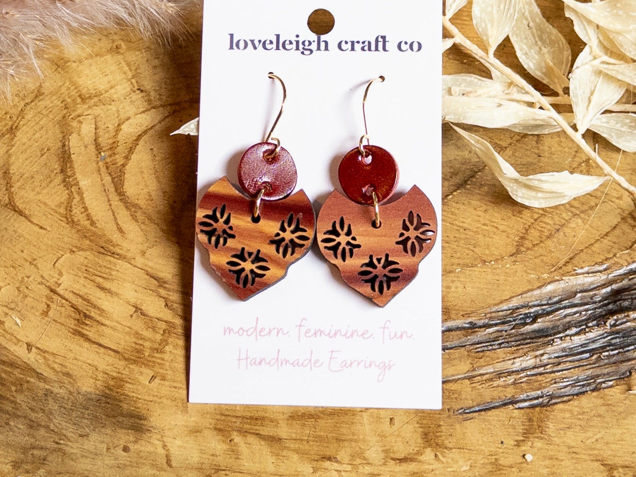 Peite Cedar and Leather Scalloped Earrings
