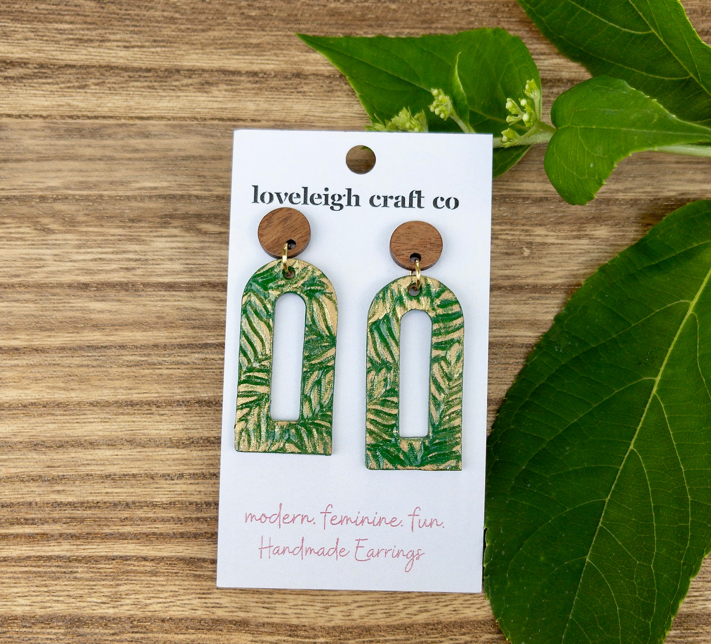 Hand Painted Jenna Gilded Green Palm Earrings