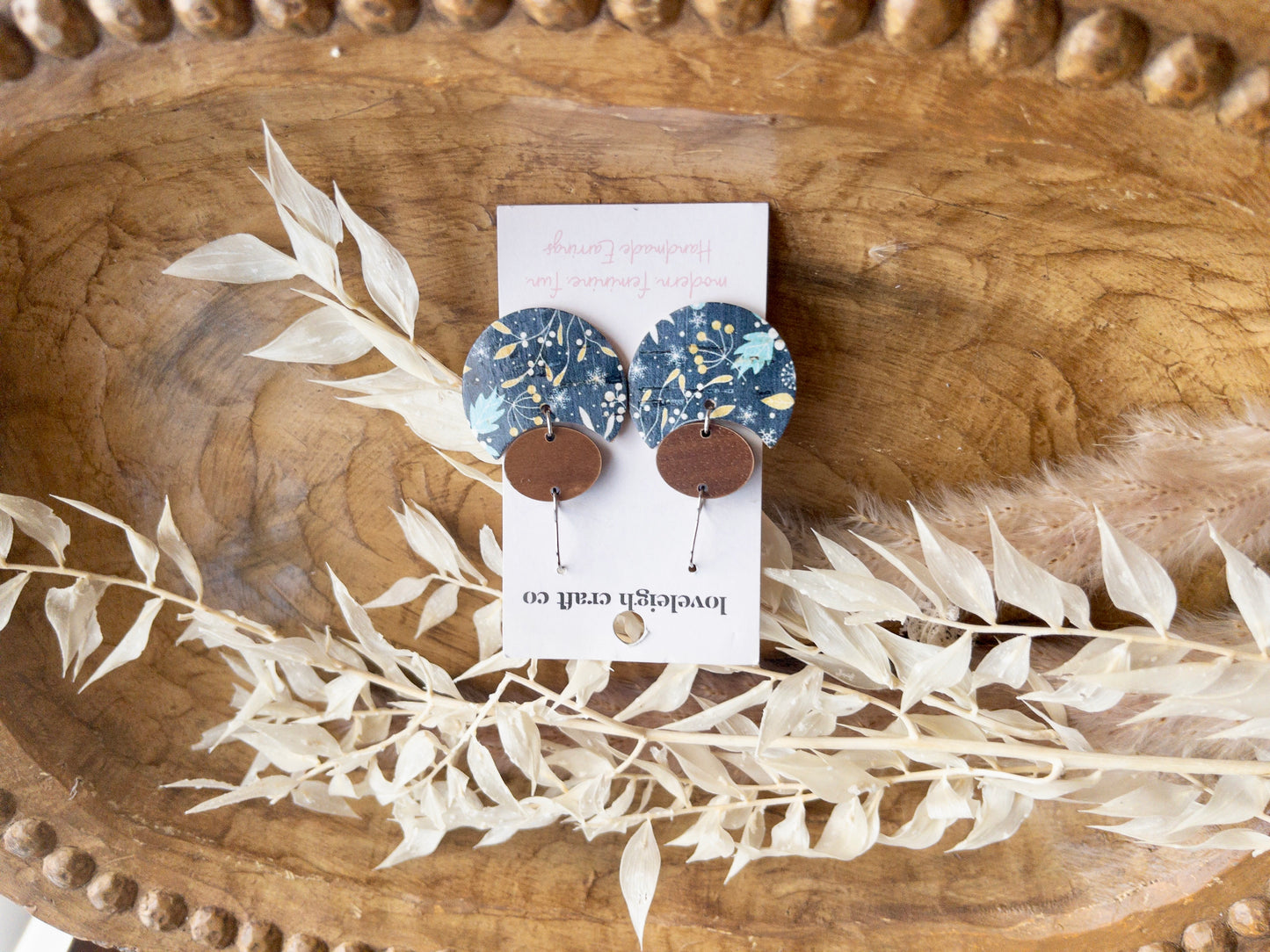 Drea Notched Oval Wood and Cork Earrings