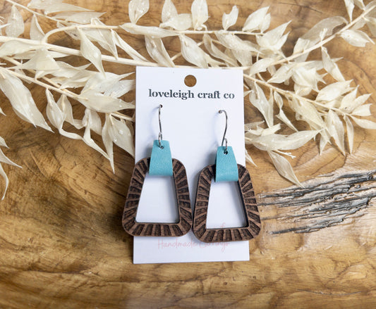 Leather Wrapped Trapezoid Wood Hoop Earrings