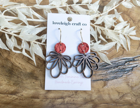 Spiro Flower Wood and Leather Earrings