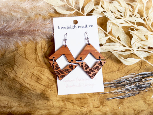Engraved Diamond Hinge Wooden Earrings