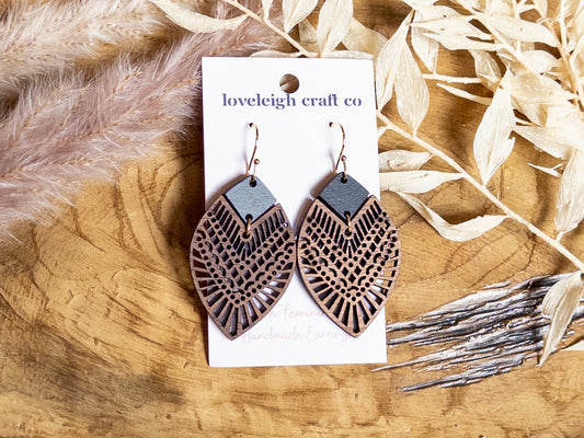 Two Piece Intricate Petal Wooden Earrings