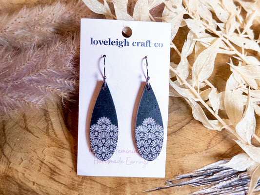 Fancy Slim Teardrop Wood Earrings